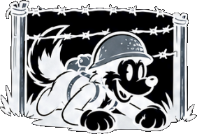 Wolfhound mascot in a helmet crawling under barbed wire