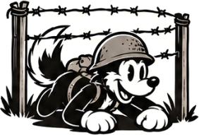 Wolfhound mascot in a helmet crawling under barbed wire